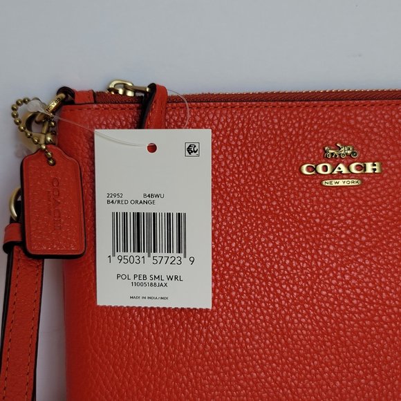 COACH Small Wristlet in Polished Pebbled Leather -Red Orange - Picture 14 of 16